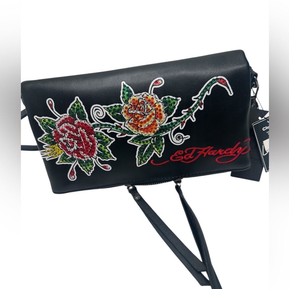 Ed Hardy clutch/crossbody bag w/rhinestone rose and‎ an embroidered logo NWT